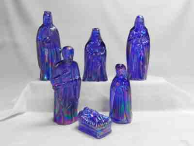 Fenton Glass Blue Carnival Nativity Set 6 Pc Joseph Mary Jesus Wisemen Figurines