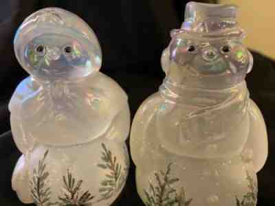 Fenton Snowman Couple - Woodland Frost w/ Pine Trees and Cardinal