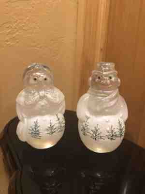 Fenton Snowman Couple - Woodland Frost w/ Pine Trees and Cardinal Artist Signed