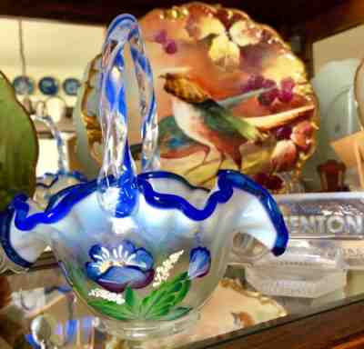 FENTON COBALT RIBBON HANDLED BASKET LEGACY COLLECTION BILL FENTON LE NIB