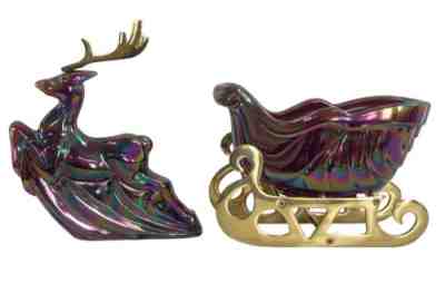 Vintage Fenton Art Glass Reindeer with Sleigh Ruby Purple Iridescent Please Read