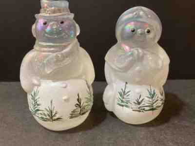 Fenton Iridescent Hand Painted Snowman Couple Woodland Frost Pine Trees Cardinal