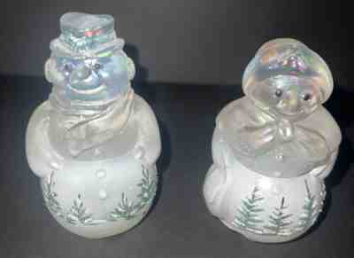 FENTON Hand Painted Snowlady Snowman w/Cardinal Iridized Woodland Frost Frit-4â?T
