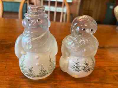 Fenton Glass snowman snow woman couple woodland frost pine trees, cardinals