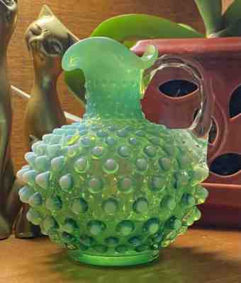 VINTAGE FENTON ART GLASS LIME GREEN OPALESCENT HOBNAIL CRUET