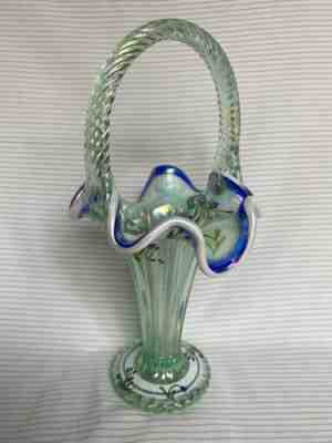 Fenton Glass Legacy Willow Green Opalescent Trumpet Glass Basket 2000 4 of 7