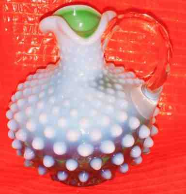 RARE VINTAGE FENTON ART GLASS LIME GREEN OPALESCENT HOBNAIL CRUET~ PERFECT 4.5