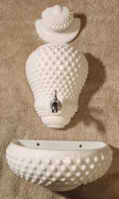 Vintage Fenton Hobnail Milk Glass Lavabo 3pc Set Fountain Wall Pocket