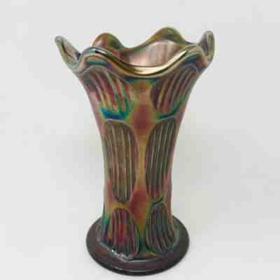 Antique FENTON Carnival Iridescent Swung Glass Vase Diamond Rib Green 1920s 7.5â?