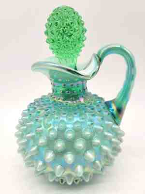 VINTAGE FENTON AQUA BLUE / GREEN IRIDESCENT OPALESCENT HOBNAIL CRUET & STOPPER