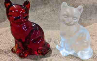 Fenton Art Glass Ruby Red and Frosted Clear Vintage Cat Figurines