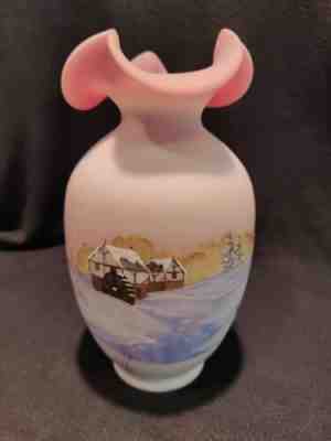 Louise Piper Hand Painted,Fenton 5 1/2 Custard Vase With Chocolate Roses