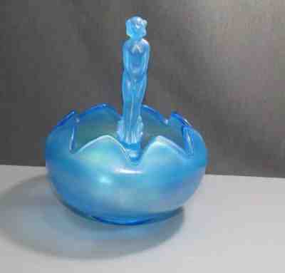 Fenton Celeste Blue Stretch Glass 'September Morn Nymph' in Lotus Bowl (f113)