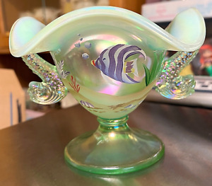 Vintage Fenton Jadeite fan shaped vases with Dolphin top or Koi Handles