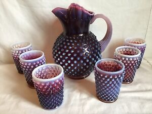 VINTAGE FENTON ART GLASS PLUM OPALESCENT HOBNAIL ICE LIP PITCHER & 6 TUMBLERS