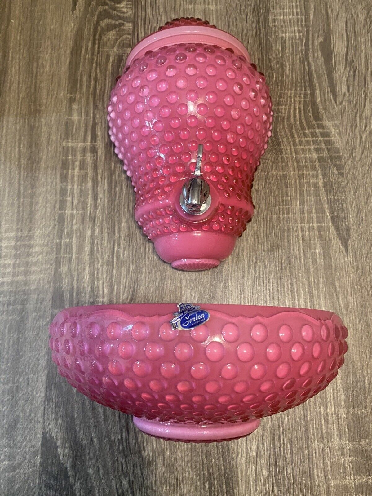 Vintage 1962 Wild Rose Fenton Hobnail Overlay Glass Wall Mount Basin Lavabo RARE