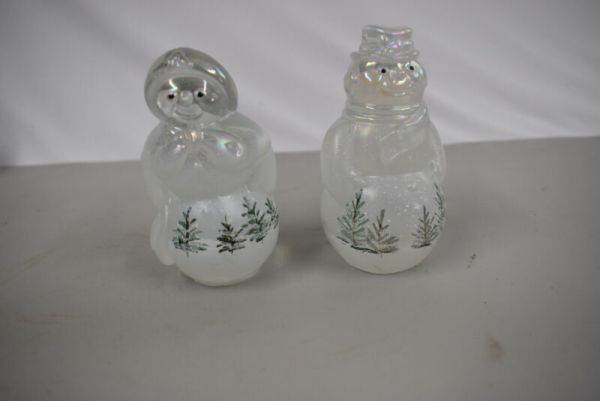 Vintage Fenton Glass Art Woodland Frost Mr. & Mrs. Snowman Signed By Artist 4"