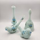 Vintage Fenton Painted Rose Blue Satin Custard Glass Lot Birds Vase Bell Signed