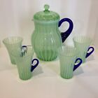 Fenton Antique Green Rib Optic Lemonade/Ice Tea Pitcher Set With 4 Cups  1926