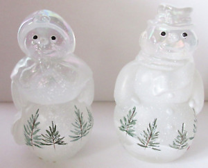 Fenton Woodland Frost Mr & Mrs Snowman Hand Painted & Singed W/ Red Cardinal
