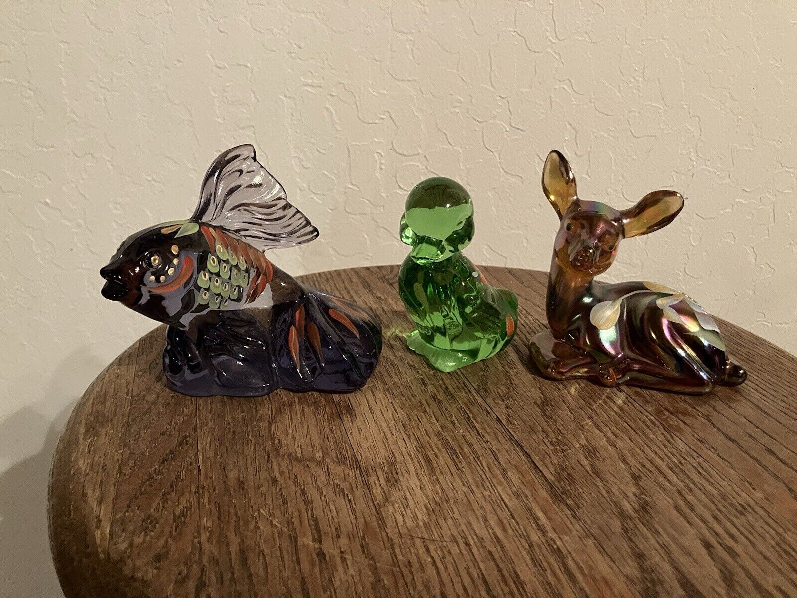 Fenton Trio Set-Koi Fish Purple, Green Duck, Brown Deer-Hand Painted & Signed.
