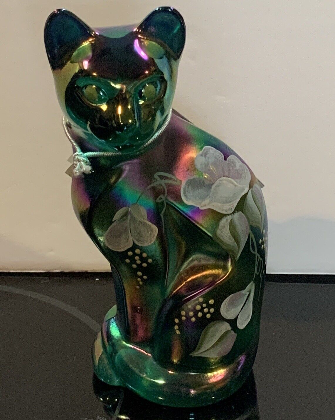 Fenton Cat Kitten Sitting Carnival Glass Handpainted Green