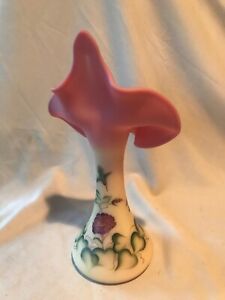 Fenton Art Glass Hand Painted 1998 Morning Glory on Burmese Tulip Vase