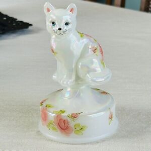 OOAK Fenton Art Glass White Opal Gloss Sitting Cat Kitten on Font Base HP Roses