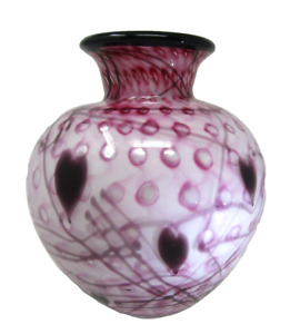 Fenton Art Glass DAVE FETTY Cased Vase Pink White Black Hearts Signed Stamped