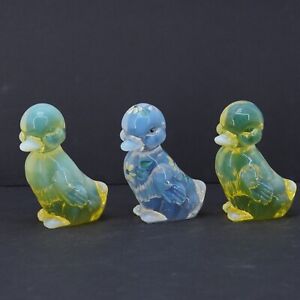 Fenton Vaseline Glass Duckling Pair + Clear Floral Iridescent Duck Mini Figures