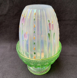 Fenton Glass Vaseline & Opale Iridescent Fairy Lamp Tulip Pattern Hand Painted