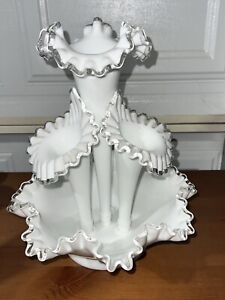 FENTON 13" Vintage Fenton Silver Crest 4Pc. 3 Horn Elegant Epergne, Milk Glass