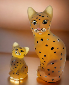 NEW Fenton Glass Gold Satin Spotted Leopard Hand Painted Mother Cat Kitten Cub