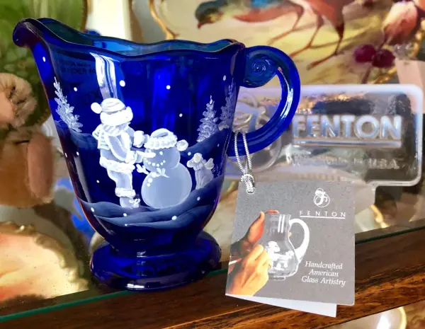FENTON COBALT BLUE SMALL PITCHER CHILD WITH SNOWMAN ARTIST MENDENHALL TAG NIB