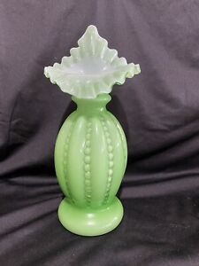 Fenton Glass Rare Green Overlay Beaded Melon Jack In The Pulpit Vases