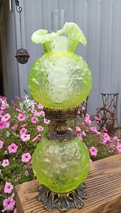 Rare HTF Vintage Fenton Vaseline Topaz Opalescent GWTW Poppy Glass Lamp