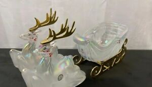 Fenton Glass French Opalescent Woodland Frost Christmas Reindeer Santa Sleigh