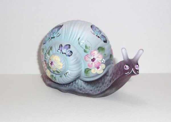 Fenton Glass Plum Purple HP Butterflies Snail Figurine Ltd Ed #11/70 M. Kibbe