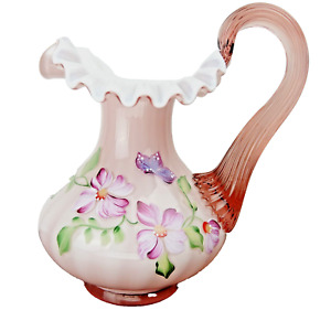 FENTON Pink popular Glass Art Handle Basket Vase Hand Painted Flowers SUNDAY DAVIS