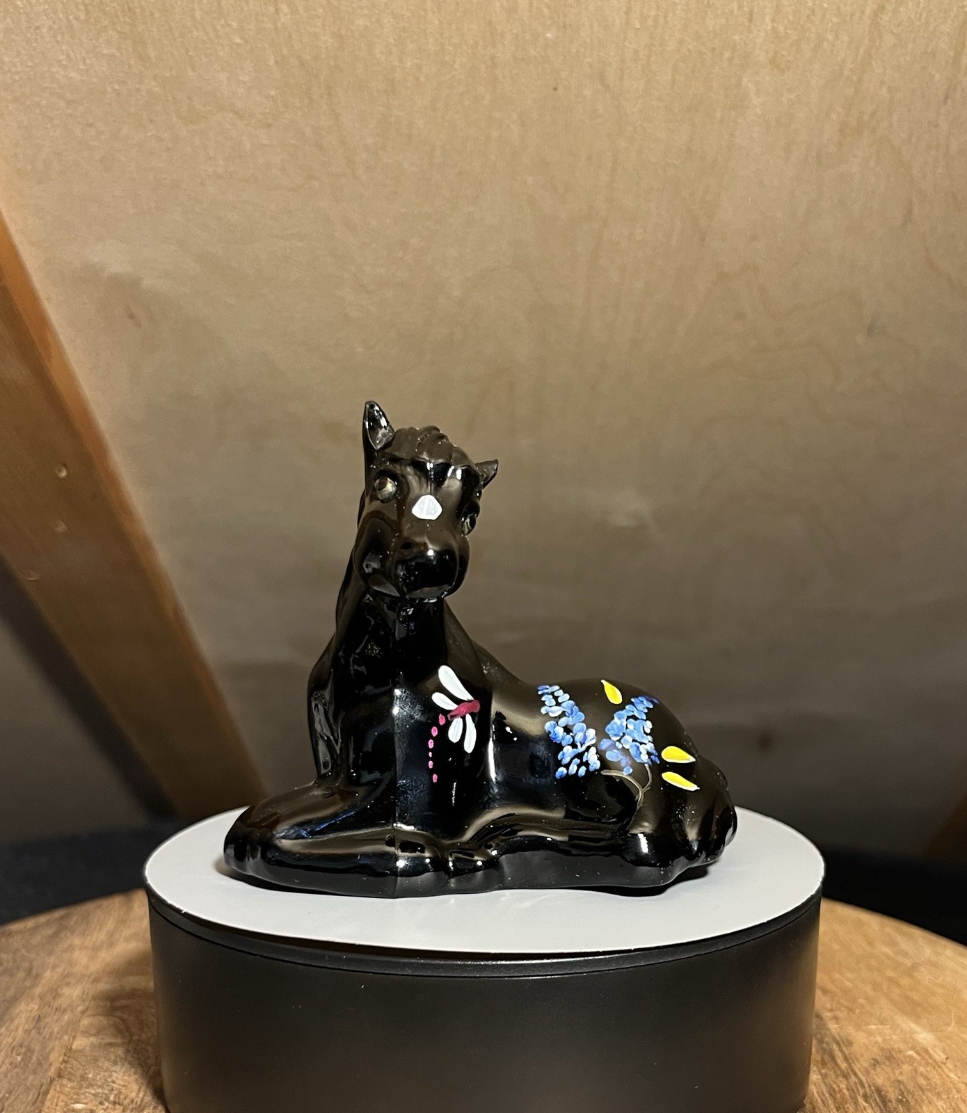 Fenton Glass Ebony Horse Foal Hand Painted Dragonfly and Flowers