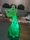 Large Fenton Alley Cat Green Vaseline Uranium Glass Hand Painted Floral Signed