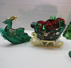 FENTON GLASS SPRUCE GREEN HP MAGNOLIA REINDEER & SLEIGH SET