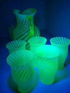 RARE Fenton 10 Pc Spiral Optic Green Pitcher Tumblers Iced Tea Set 1939 Uranium