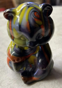 FENTON DAVE FETTY BEAR MOSIAC  DARK COLORS?? SIGNED STAMPED, EXCELLENT PRETTY