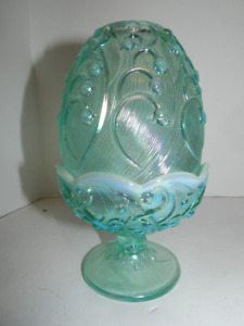 FENTON GLASS Mint Green OPALESCENT "LILY OF THE VALLEY" FAIRY LAMP 2 pc 7.5"