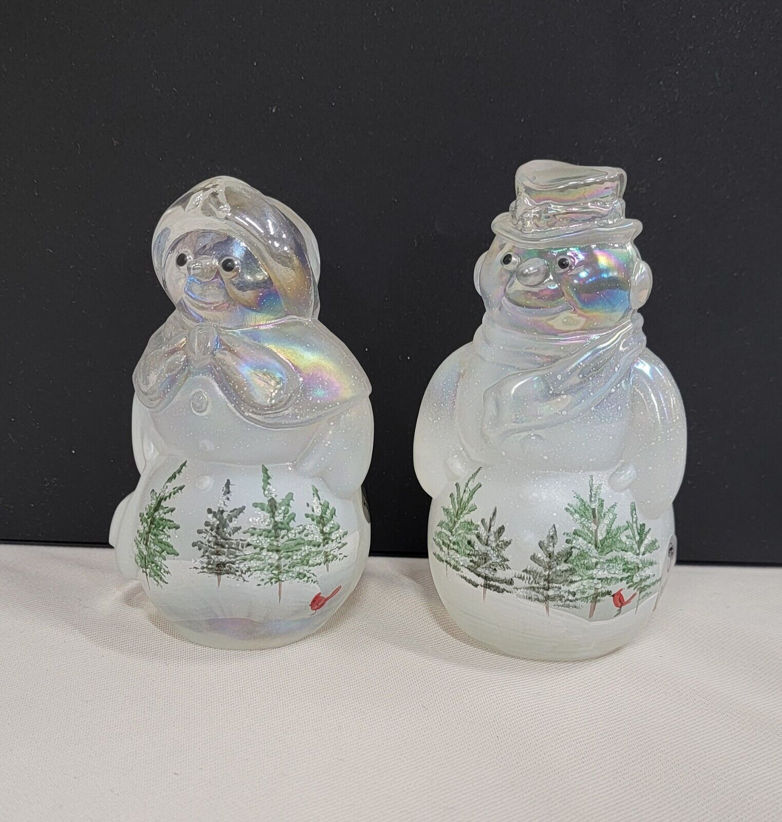Fenton Glass Art Woodland  Snowman & Snow Lady Couple