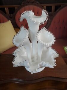 VINTAGE FENTON ART GLASS LARGE WHITE 14 in SILVER CREST EPERGNE