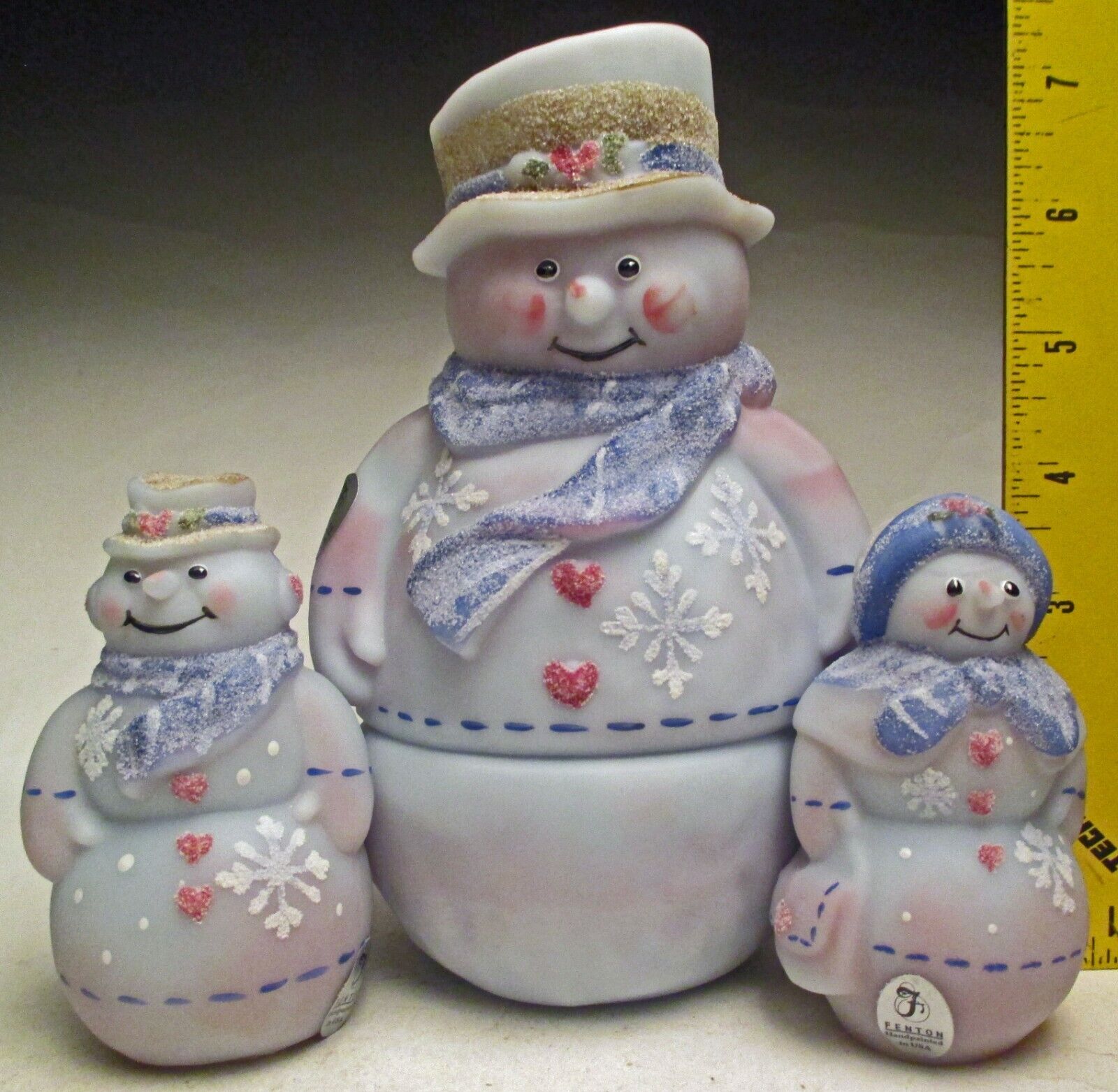 Fenton Blue Burmese Snowman Fairy Lamp & Snow People Christmas Set HP Snowflakes