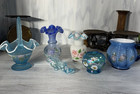 Fenton Colored Glass Lot Blues Florals; 6 Pieces Signed Stamped Beaded Basket #