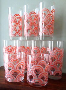 9 Vintage Fiesta Ware Drinking Glasses Arch's Arches Rainbow  Apricot Orange